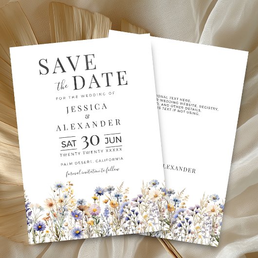 Dusty Blue Waterverf Wildflowers Elegant Wedding Save The Date