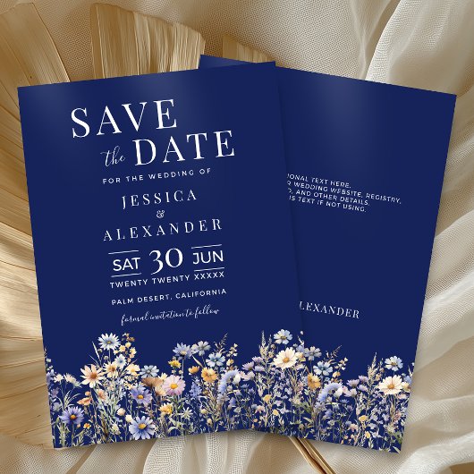 Dusty Blue Waterverf Wildflowers Navy Wedding Save The Date