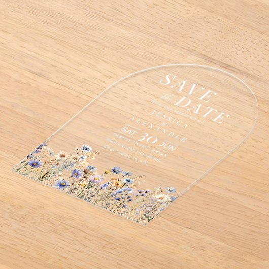 Dusty Blue Waterverf Wildflowers Wedding Arch Acryl Uitnodigingen (Laagn)