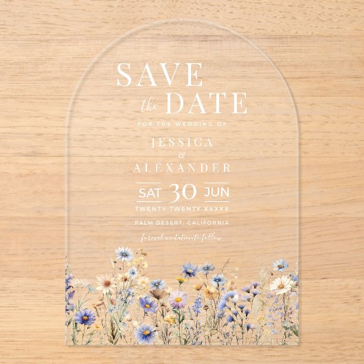 Dusty Blue Waterverf Wildflowers Wedding Arch Acryl Uitnodigingen (Voorkant)