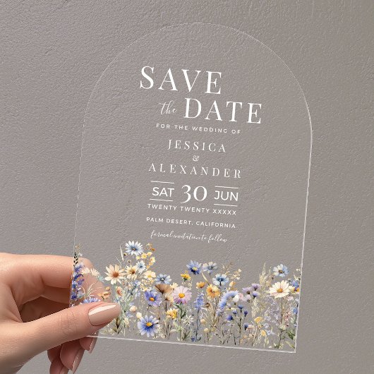 Dusty Blue Waterverf Wildflowers Wedding Arch Acryl Uitnodigingen