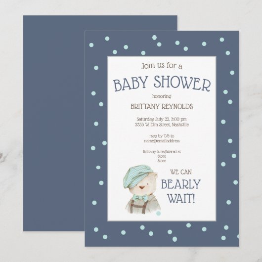 Dusty Blue Waterverf Woodland Beer Baby shower Kaart (Voorkant / Achterkant)