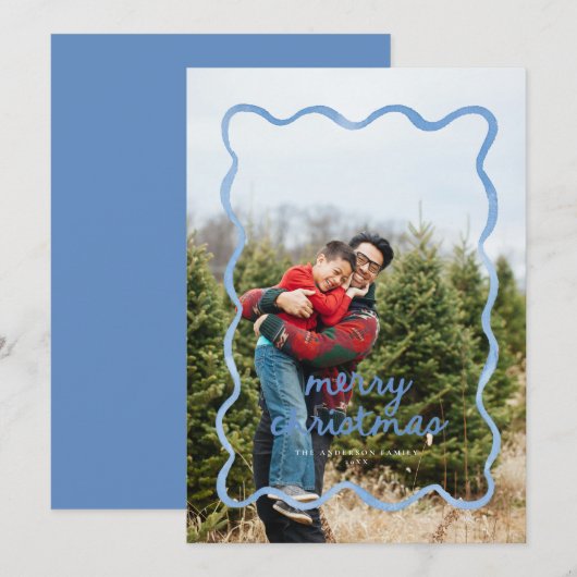 Dusty Blue Wavy Squiggle Border Vakantie Fotokaart Kaart (Voorkant / Achterkant)