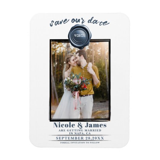 Dusty Blue Wax Seal Foto Bruiloft Save the Date Magneet (Verticaal)