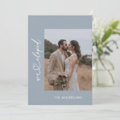 Dusty Blue We Eloped 2 Fotoscript Bruiloft Bedankkaart (Staand voorkant)
