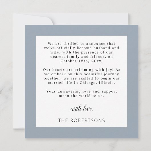 Dusty Blue We Eloped Foto Hart Script Bruiloft Aankondiging (Achterkant)