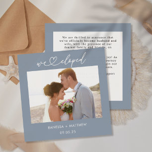 Dusty Blue We Eloped Foto Hart Script Bruiloft Aankondiging