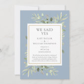 Dusty Blue We Said Yes Elopement Aankondiging (Voorkant)