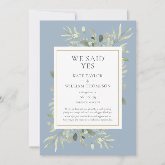 Dusty Blue We Said Yes Elopement Aankondiging (Voorkant)