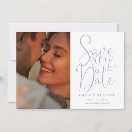 Dusty Blue Wedding 2 Foto Elegant Script Save The Date (Voorkant)