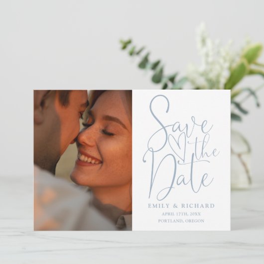 Dusty Blue Wedding 2 Foto Elegant Script Save The Date (Staand voorkant)