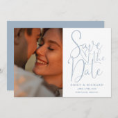Dusty Blue Wedding 2 Foto Elegant Script Save The Date (Voorkant / Achterkant)