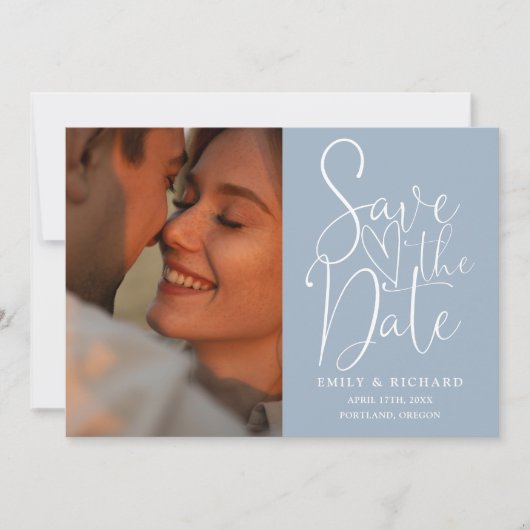 Dusty Blue Wedding 2 Foto QR Code Elegant Script Save The Date (Voorkant)