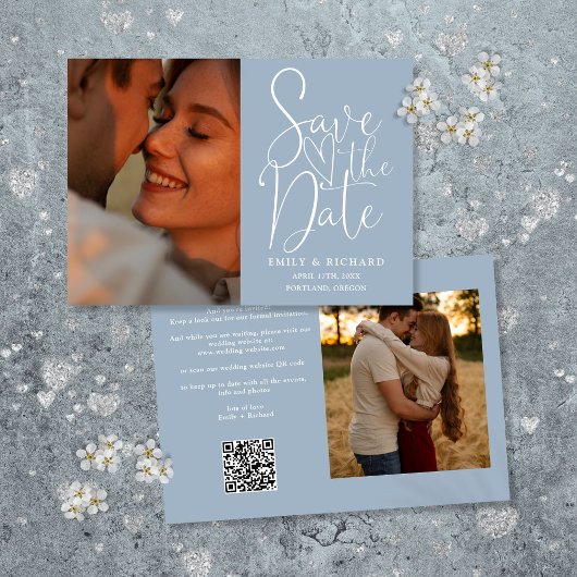 Dusty Blue Wedding 2 Foto QR Code Elegant Script Save The Date