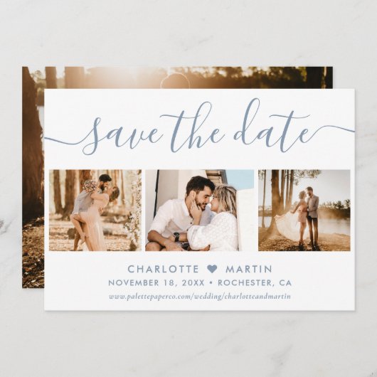 Dusty Blue Wedding 4 Foto Save The Date (Voorkant / Achterkant)