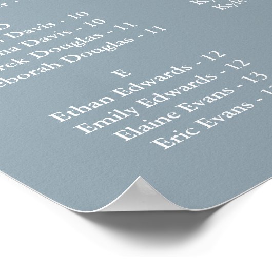 Dusty Blue Wedding Alphabetical Seating Chart Poster (Hoek)