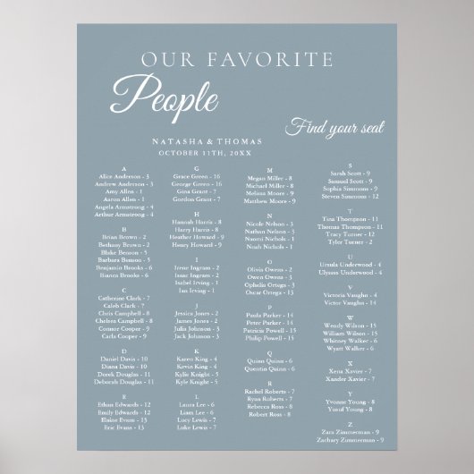 Dusty Blue Wedding Alphabetical Seating Chart Poster (Voorkant)