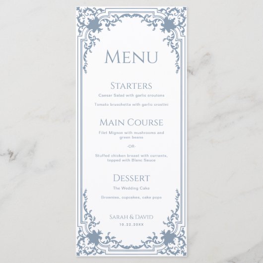 Dusty Blue Wedding Antiek Lijst Wit Menu (Voorkant)