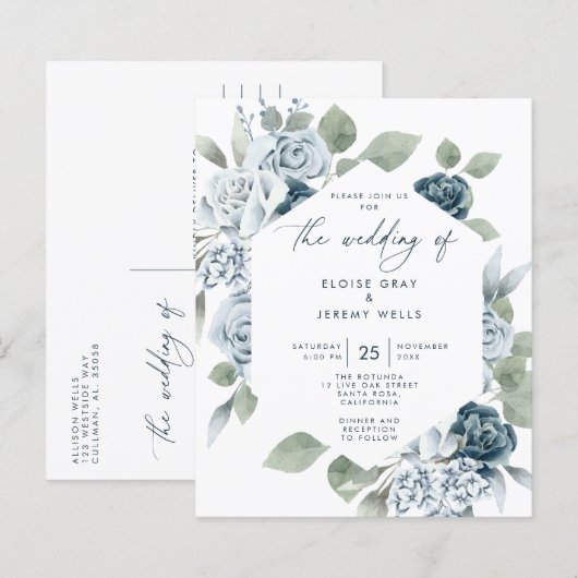 Dusty Blue Wedding Briefkaart (Voorkant / Achterkant)
