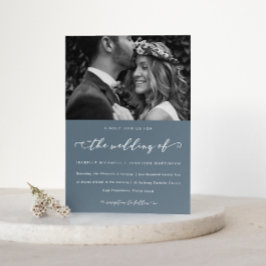 Dusty Blue Wedding Calligraphy and Photo Kaart