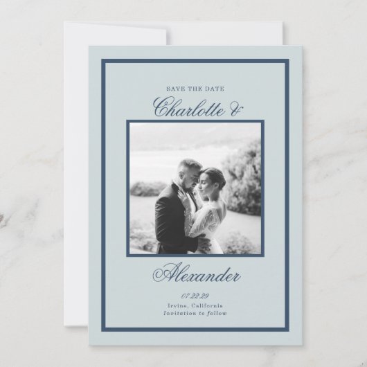Dusty Blue Wedding Classic Script Save the Date Kaart (Voorkant)