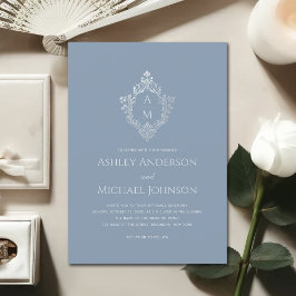 Dusty Blue Wedding Crest  Monogram Elegant Kaart