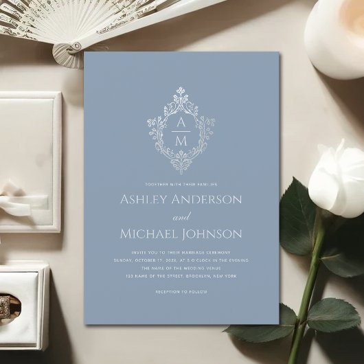 Dusty Blue Wedding Crest  Monogram Elegant Kaart