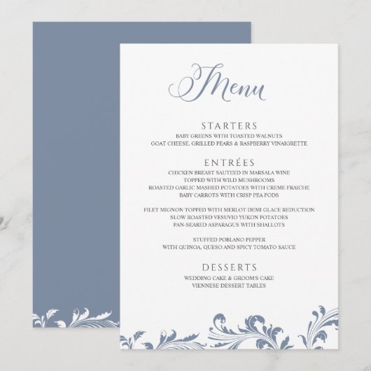Dusty Blue Wedding  Elegant Classic Menu (Voorkant / Achterkant)