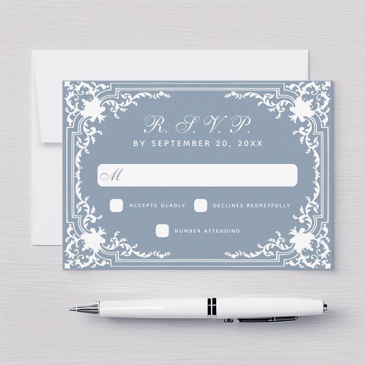  Dusty Blue Wedding Elegant White Script RSVP Kaartje