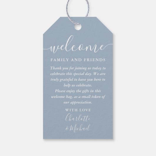 Dusty Blue Wedding Favor Welcome Basket Bag Cadeaulabel (Achterkant)