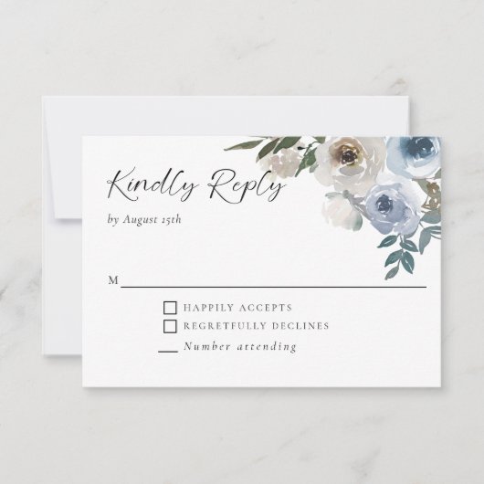 Dusty Blue Wedding Floral Elegant Kindly Reply RSVP Kaartje (Voorkant)