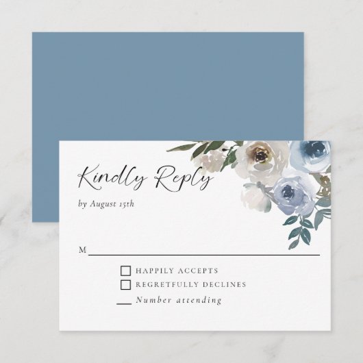 Dusty Blue Wedding Floral Elegant Kindly Reply RSVP Kaartje (Voorkant / Achterkant)