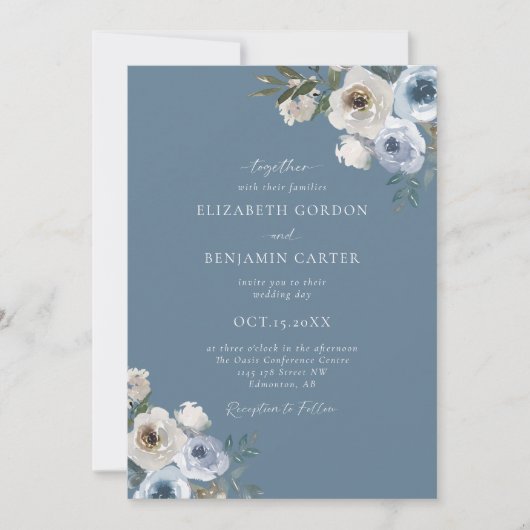 Dusty Blue Wedding Floral Elegant Script Rustic Kaart (Voorkant)