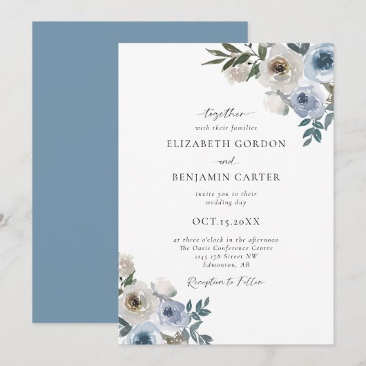 Dusty Blue Wedding Floral Elegant Script Rustic Kaart (Voorkant / Achterkant)