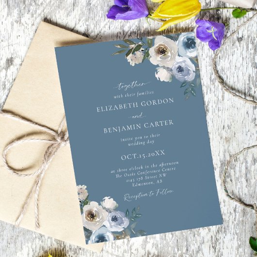 Dusty Blue Wedding Floral Elegant Script Rustic Kaart