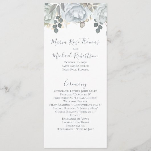 Dusty Blue Wedding Floral Script Programma Programmakaart (Voorkant)