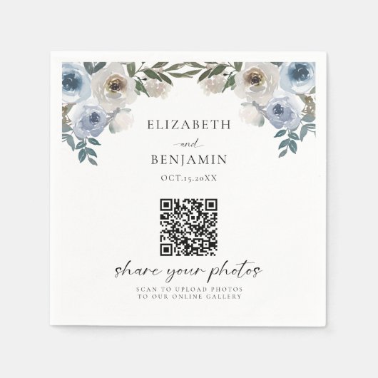 Dusty Blue Wedding Floral Share foto's QR-code Servet (Voorkant)