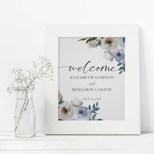 Dusty Blue Wedding Floral Welkom Elegant Poster
