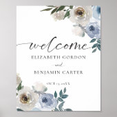 Dusty Blue Wedding Floral Welkom Elegant Poster (Voorkant)