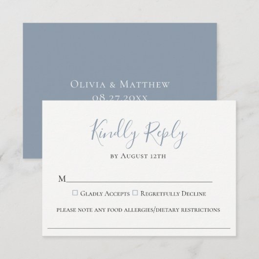 Dusty Blue Wedding Food Allergy RSVP-kaart RSVP Kaartje (Voorkant / Achterkant)