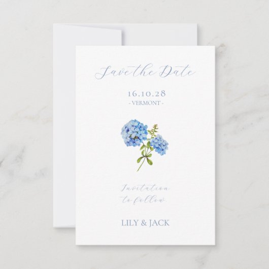 Dusty Blue Wedding Hydrangea Sla de datum Kaart op (Voorkant)