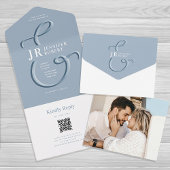 Dusty Blue Wedding Invitation met Monogram All In One Uitnodiging