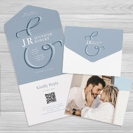 Dusty Blue Wedding Invitation met Monogram All In One Uitnodiging