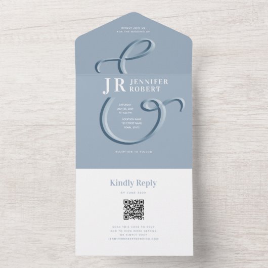 Dusty Blue Wedding Invitation met Monogram All In One Uitnodiging (Binnen)