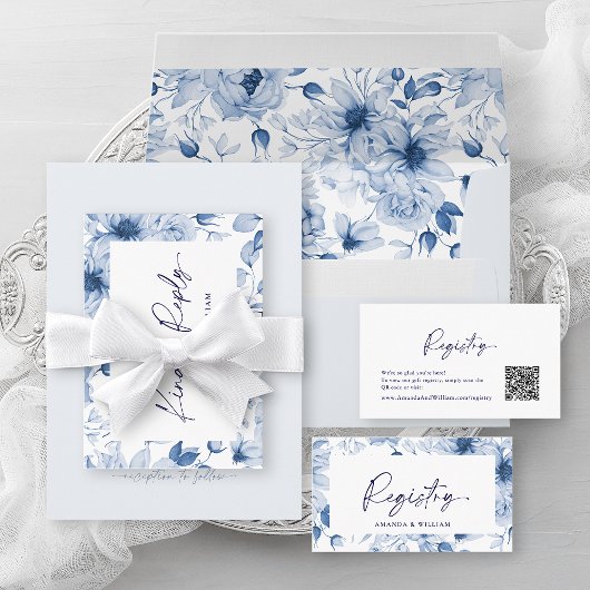 Dusty Blue Wedding Invitation with QR Code Kaart