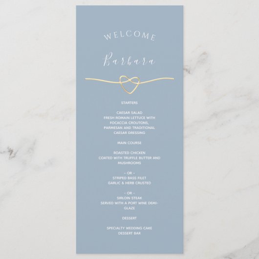 Dusty Blue Wedding Menu met Gastnaam (Voorkant)
