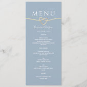 Dusty Blue Wedding Menu met Gouden Touw Hart (Voorkant)