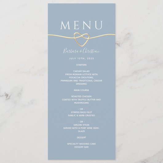Dusty Blue Wedding Menu met Gouden Touw Hart (Voorkant)