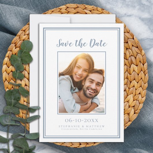 Dusty Blue Wedding Minimalist Verloving Afbeelding Save The Date