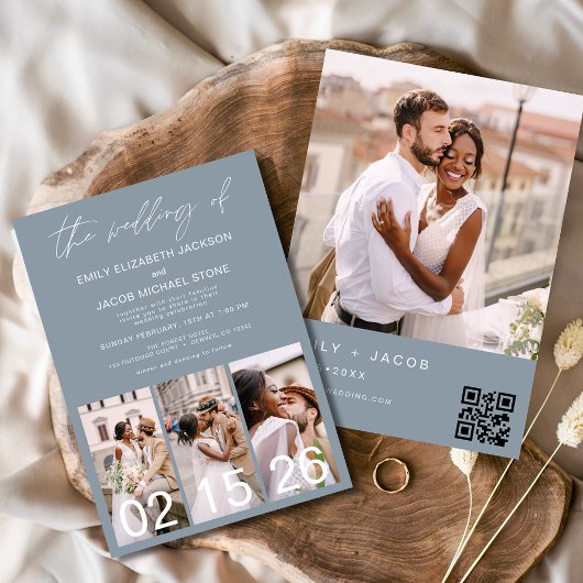 Dusty Blue Wedding Minimalistische QR-code Kaart